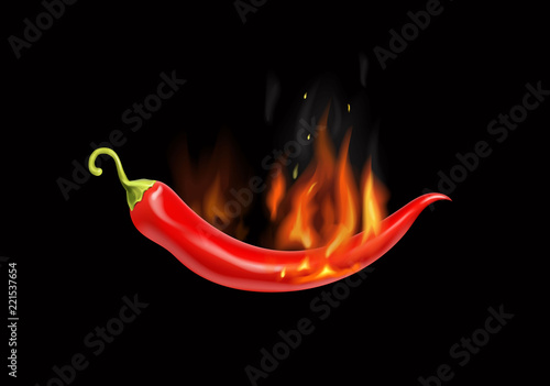 Red hot chili pepper in fire, logo emblem spicy food. Vector illustration