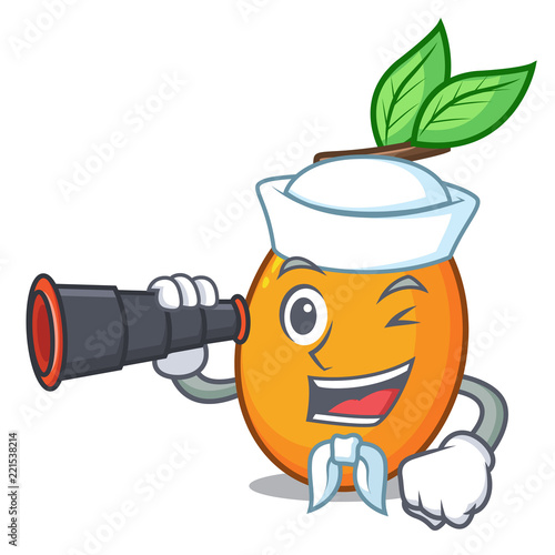 Sailor with binocular ripe yellow plums on the tree cartoon