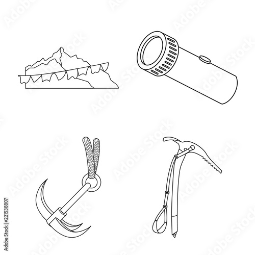 Vector illustration of alpinism and peak logo. Set of alpinism and camp stock symbol for web.