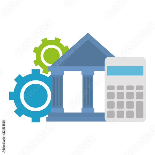 bank building with calculator and gears