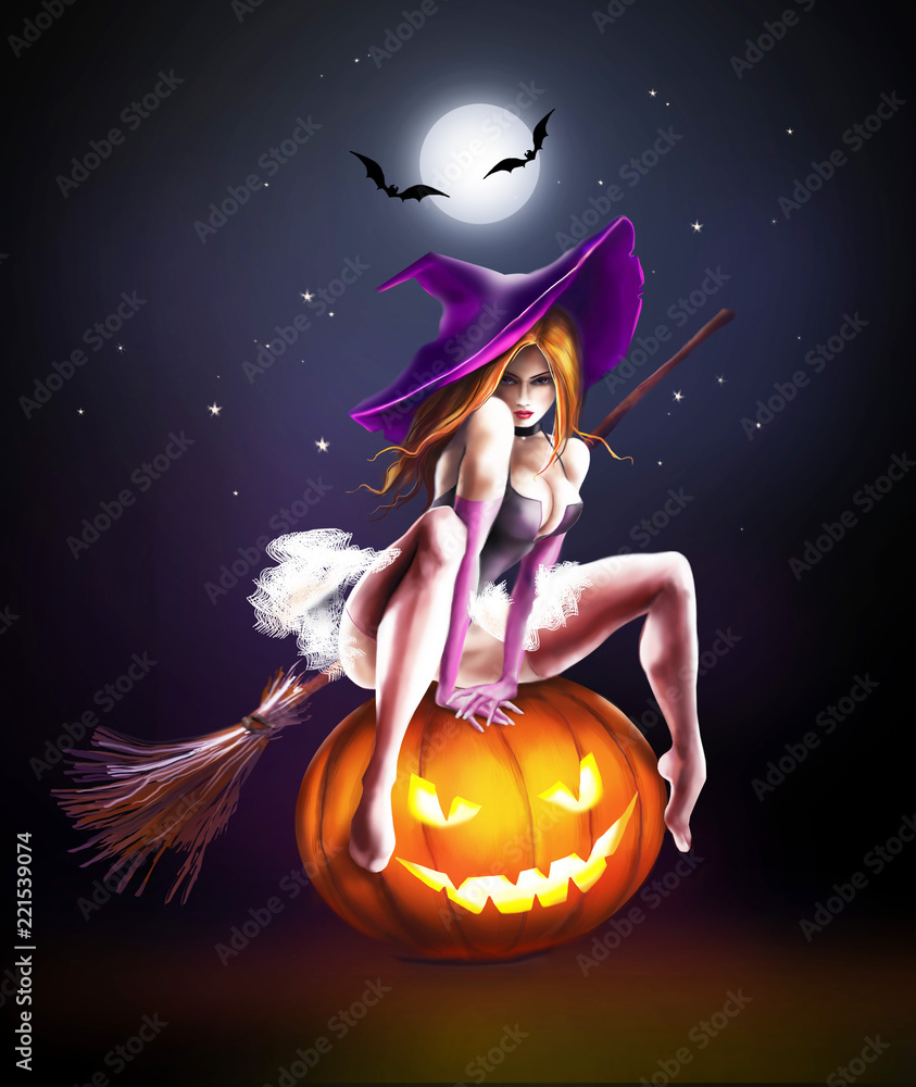 red witch with a broom on a pumpkin for Halloween red witch with a broom on a pumpkin for Halloween