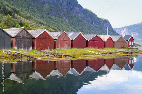 Colorful boathouses in the port of Stordal, Norway