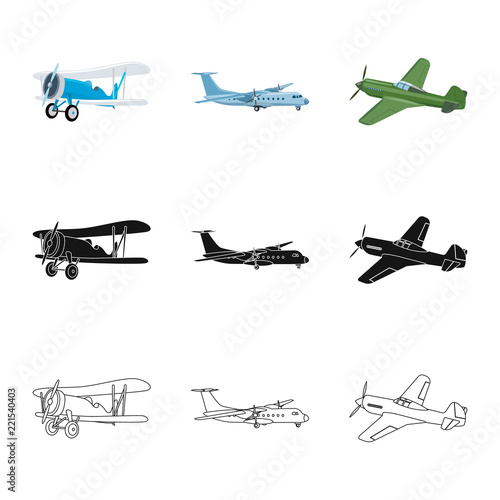 Vector illustration of plane and transport logo. Collection of plane and sky vector icon for stock.