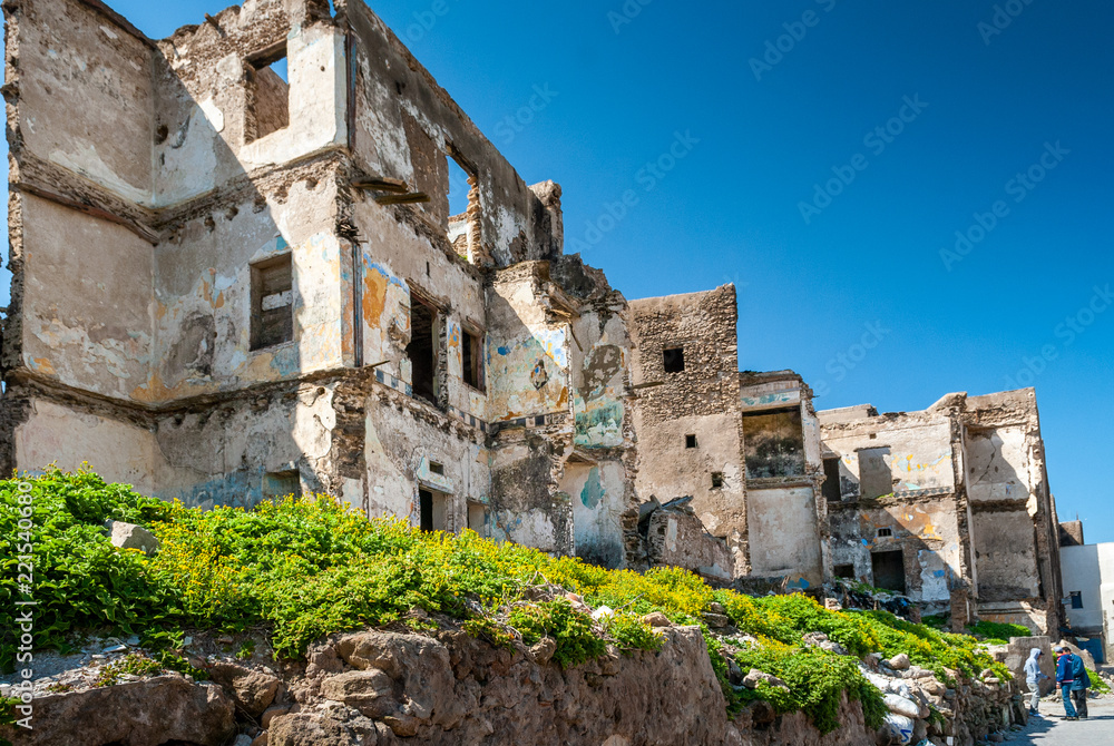 In the district of Mellah in Essaouira, Morocco. Old buildings are in ruins