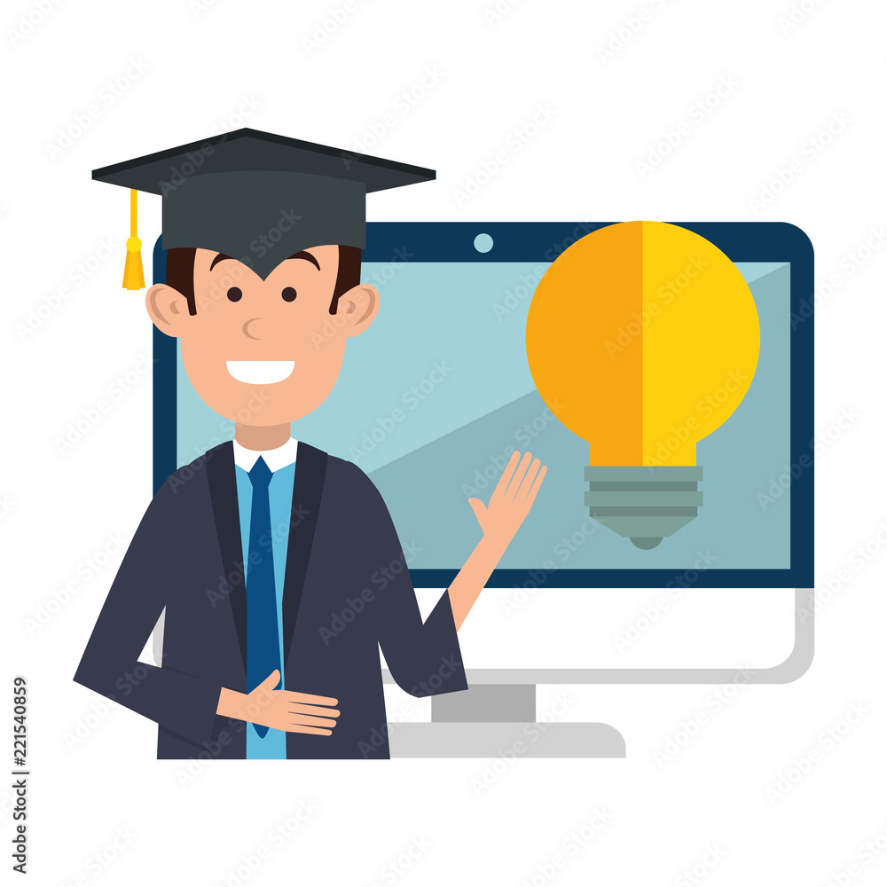 student graduated with computer and bulb student graduated with computer and bulb