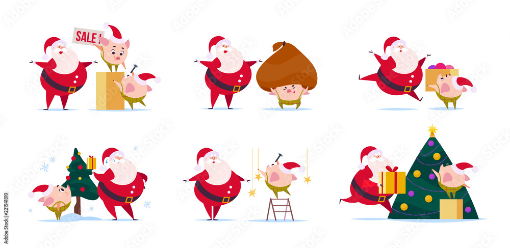 Vector flat illustration of funny Santa Claus character and cute little pig elf in santa hat isolated on white background. New year fir tree, gift box presents bag. Card, banner, web design, packaging