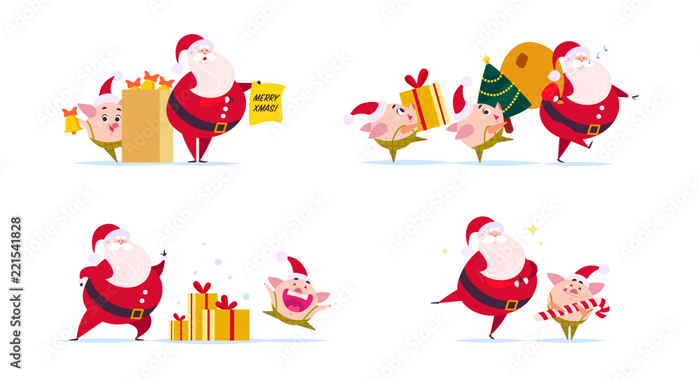 Vector flat illustration of funny Santa Claus character and cute little pig elf in santa hat isolated on white background. New year fir tree, gift box presents bag. Card, banner, web design, packaging