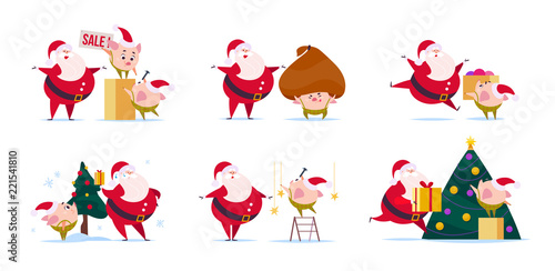 Vector flat illustration of funny Santa Claus character and cute little pig elf in santa hat isolated on white background. New year fir tree  gift box presents bag. Card  banner  web design  packaging