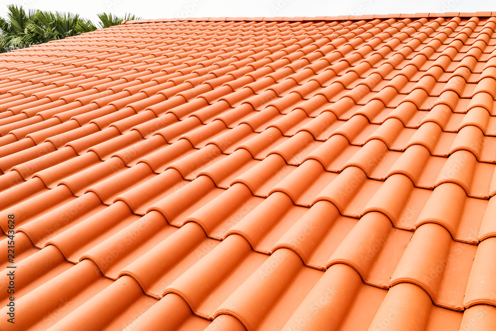 Closeup of new red color clay ceramic roof - obrazy, fototapety, plakaty 