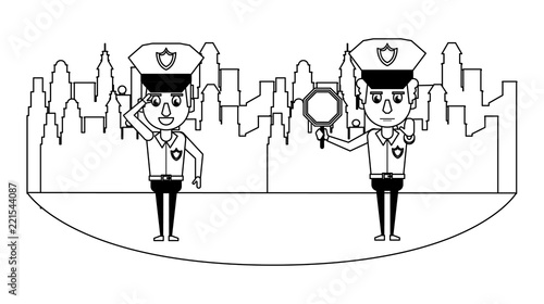 Cops in the city in black and white