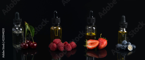four flavor flavors, in glass containers, on a black background, with a taste of cherries, strawberries, raspberries, blueberries, with reflection