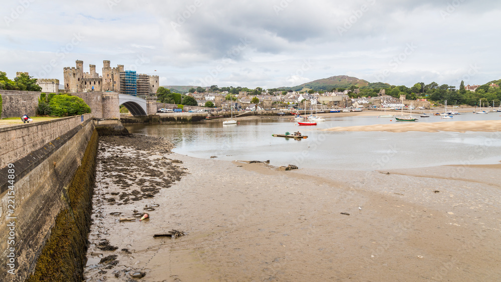 Virew from the  Conwy Suspension Bridge on the river Conwy and harbour of the medieval town of Conwy  in North Wales UK