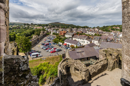 View on the town Conwy and town walls walk from Conwy Castle UNESCO World Heritage site located in North Wales UK