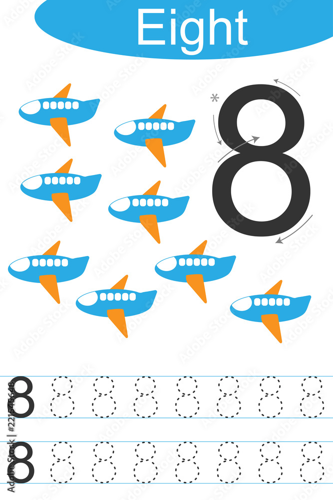 Number eight, handwriting tracing practice sheet, writing training for children, kids preschool activity, educational game, printable worksheet, learning to count, vector Illustration Number eight, handwriting tracing practice sheet, writing training for children, kids preschool activity, educational game, printable worksheet, learning to count, vector Illustration