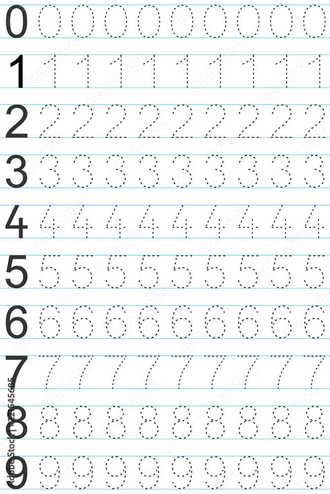 Numbers 0-9, handwriting tracing practice sheet, writing training for  children, kids preschool activity, educational game, printable worksheet,  learning to count, vector Illustration Stock Vector