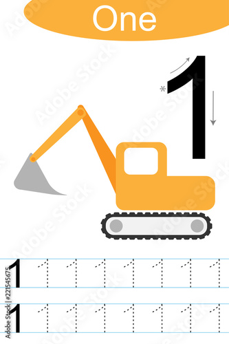 Number one, handwriting tracing practice sheet, writing training for children, kids preschool activity, educational game, printable worksheet, learning to count, vector Illustration