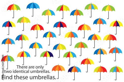 Find only two same umbrellas, fun education autumn puzzle game for children, preschool worksheet activity for kids, task for the development of logical thinking and mind, vector illustration photo