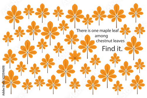 Find maple leaf among chestnut leaves, fun education puzzle game with for children, preschool worksheet activity for kids, task for the development of logical thinking and mind, vector illustration