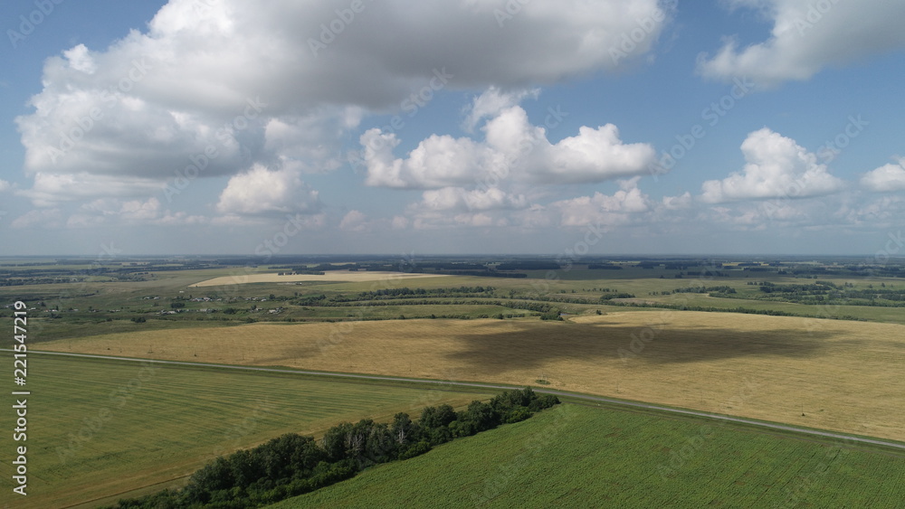 Aerial view, fields, clouds