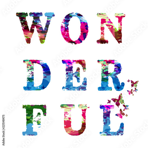 Colorful word wonderful lettering decoration. Calligraphy vector illustration. Wonderful inscription isolated. Typographic background