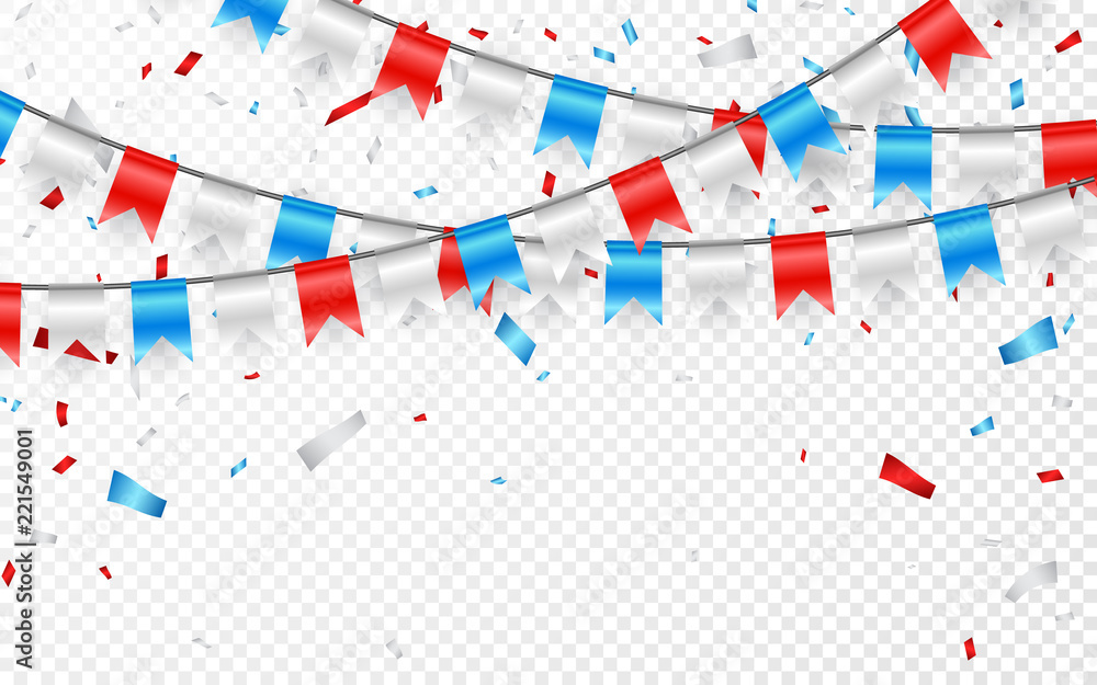 Obraz premium Garlands of red white blue flags. Blue, white and red foil confetti. Vector illustration