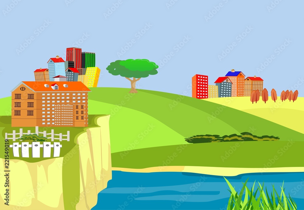 Wooden old bridge over the river, break at the river, cityscape countryside, concept vector illustration