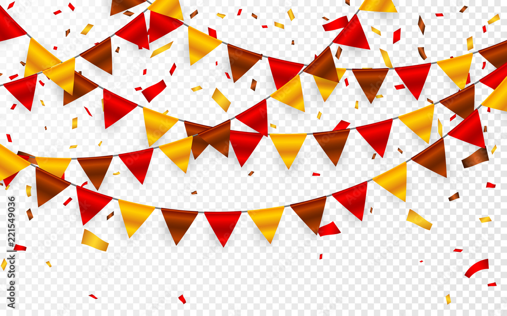 Thanksgiving Day, flags garland on transparent background. Garlands of red brown yellow flags and foil confetti. Vector illustration Thanksgiving Day, flags garland on transparent background. Garlands of red brown yellow flags and foil confetti. Vector illustration