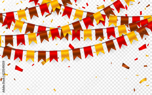 Thanksgiving Day, flags garland on transparent background. Garlands of red brown yellow flags and foil confetti. Vector illustration