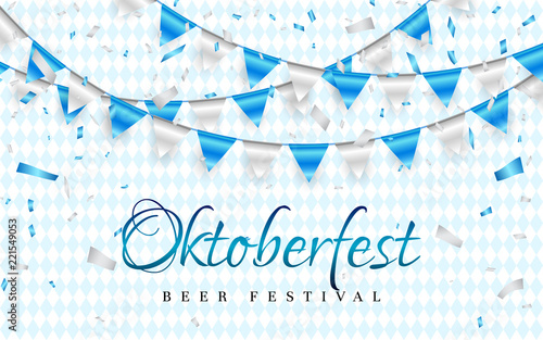 October fest Celebration party banner. Blue and white foil confetti and flag garland. Vector illustration