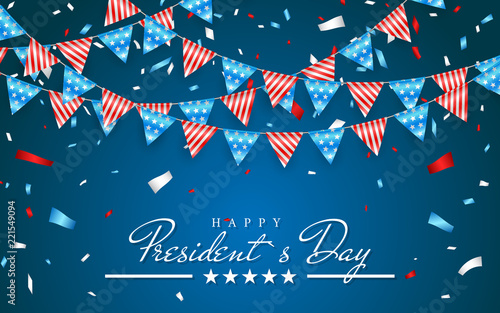 Illustration Patriotic Background with Bunting Flags for Happy Presidents Day and foil confetti, Colors of USA. Vector illustration