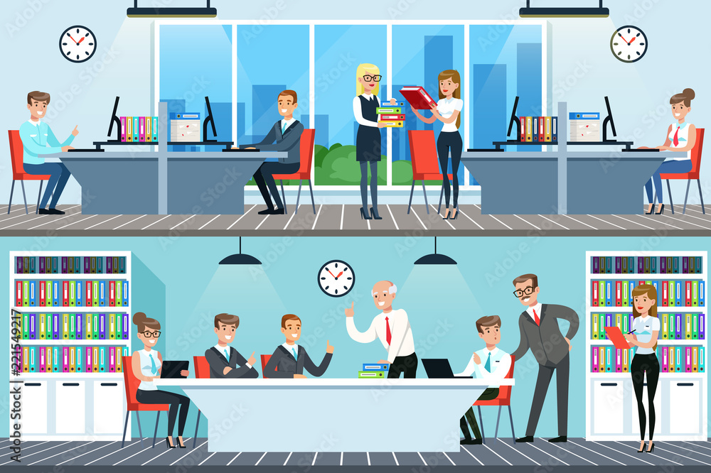 Business people working in office set, men and women having conference and meeting for business collaboration horizontal vector Illustrations Business people working in office set, men and women having conference and meeting for business collaboration horizontal vector Illustrations
