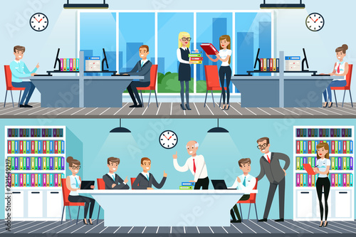 Fototapeta Naklejka Na Ścianę i Meble -  Business people working in office set, men and women having conference and meeting for business collaboration horizontal vector Illustrations