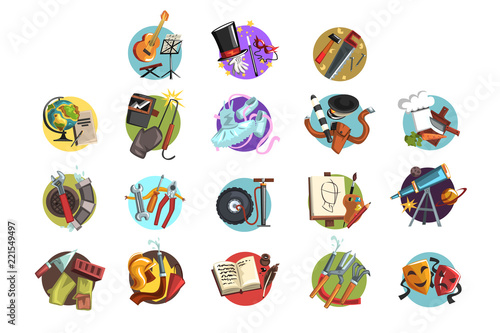 Colorful icons with symbols of different professions set, professional tools vector Illustrations