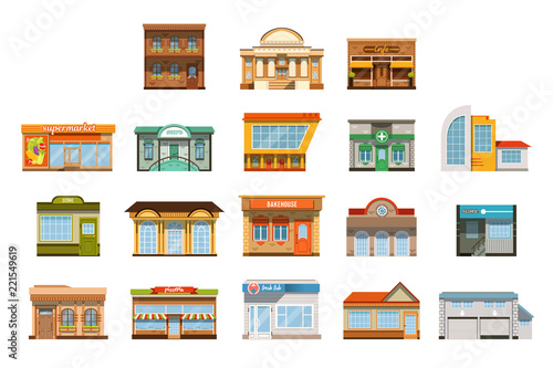 Store shop front window buildings icon set flat isolated