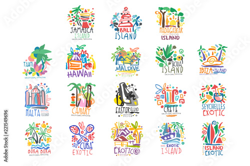 Exotic islands summer vacation colorful logo set