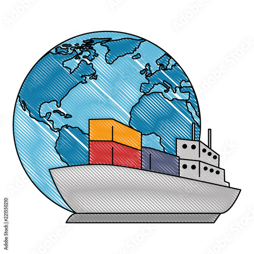 world planet earth with cargo ship