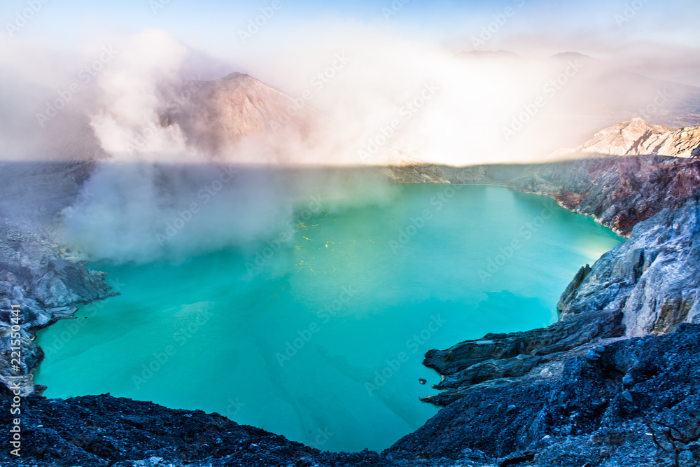 Panorama Landscape of Kawah ijen volcano crater with and sulfuric smoke,Indonesia Panorama Landscape of Kawah ijen volcano crater with and sulfuric smoke,Indonesia