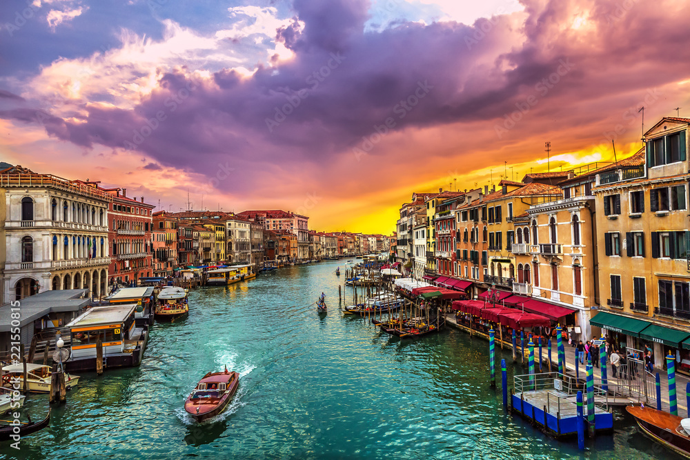 view of Gondola Canal Grande at sunset in Venice, Italy