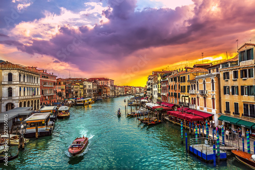 view of Gondola Canal Grande at sunset in Venice, Italy