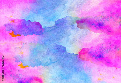 Creative texture for design. Vibrant hand painted watercolor background. Handmade overlay. Decorative colorful textured paper. Hand drawn bright artistic painting with blots.