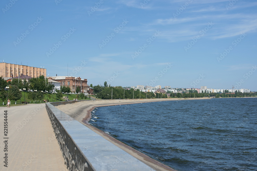 Embankment on the Volga in the town of Kamyshin in the Volgograd region. Russia. August, 2018.