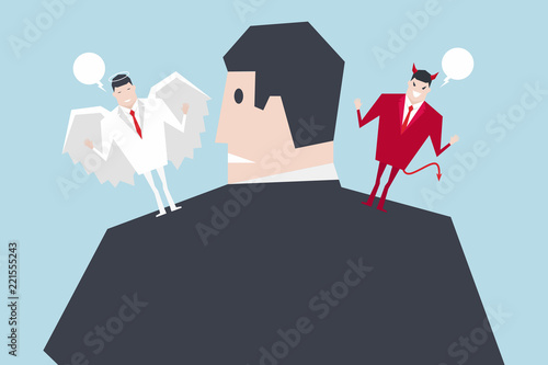 Angel and devil suggesting on businessman shoulders. Cartoon vector