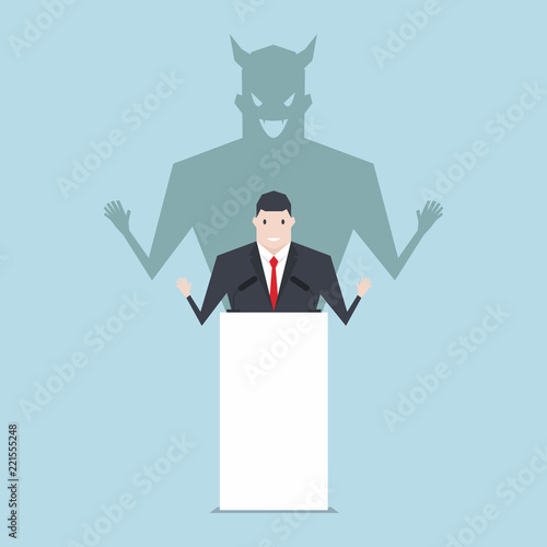 Businessman talking on podium with shadow of devil.