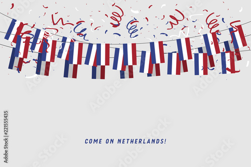 Netherlands garland flag with confetti on gray background, Hang bunting for Netherlands celebration template banner.