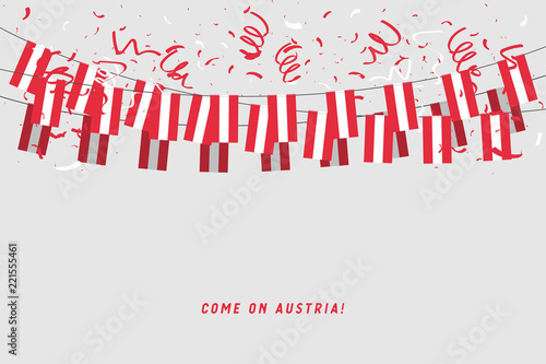 Austria garland flag with confetti on gray background, Hang bunting for Austria celebration template banner.
