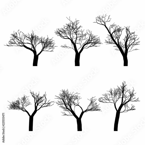 Set of black naked trees silhouette set. Hand drawn isolated.