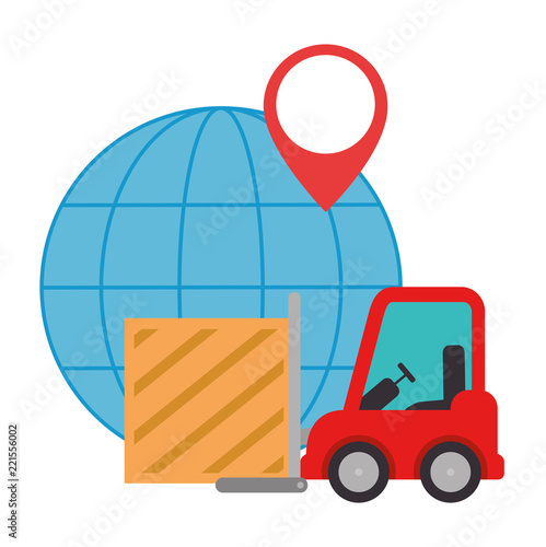 forklift with wooden box and planet