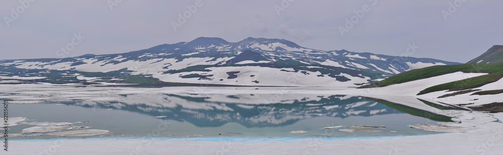 Mountain lake among snow and ice Mountain lake among snow and ice