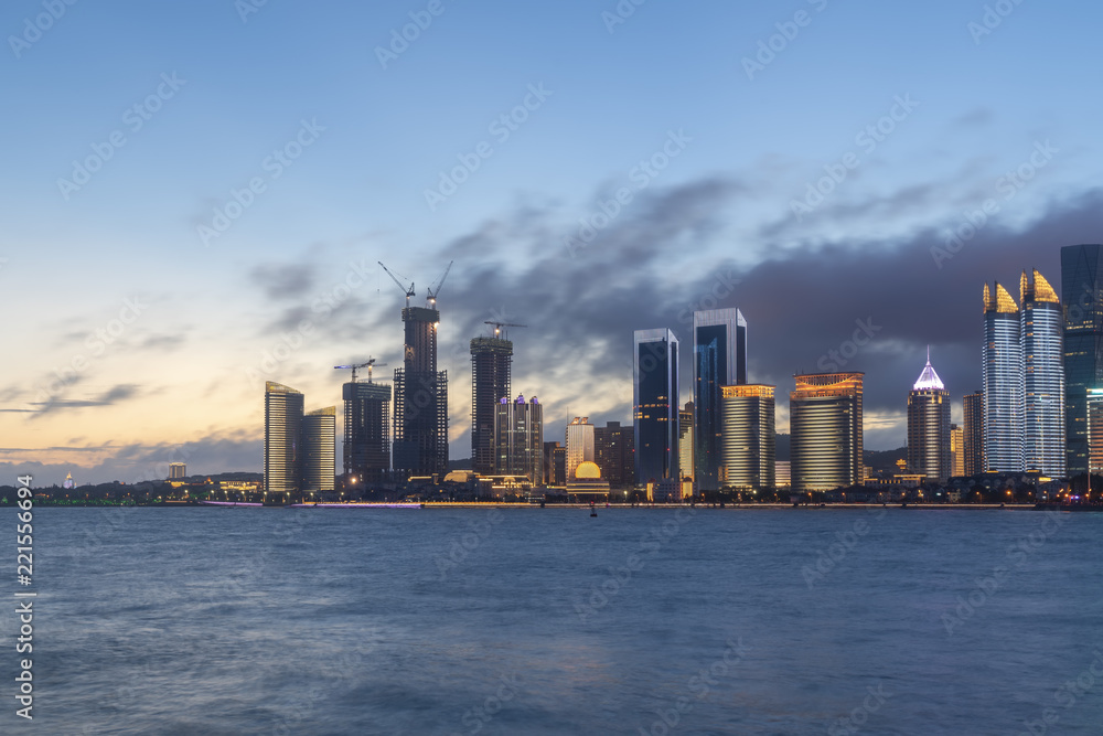Night view of modern urban architecture landscape in Qingdao..