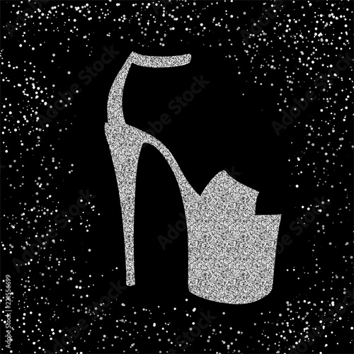 pole dance stripper shoes with silver glitter texture. Hand sketched for fitness, athlete, striptease dancers, exotic dance. Vector illustration EPS10 for logotype, badge, icon, logo, banner, tag.